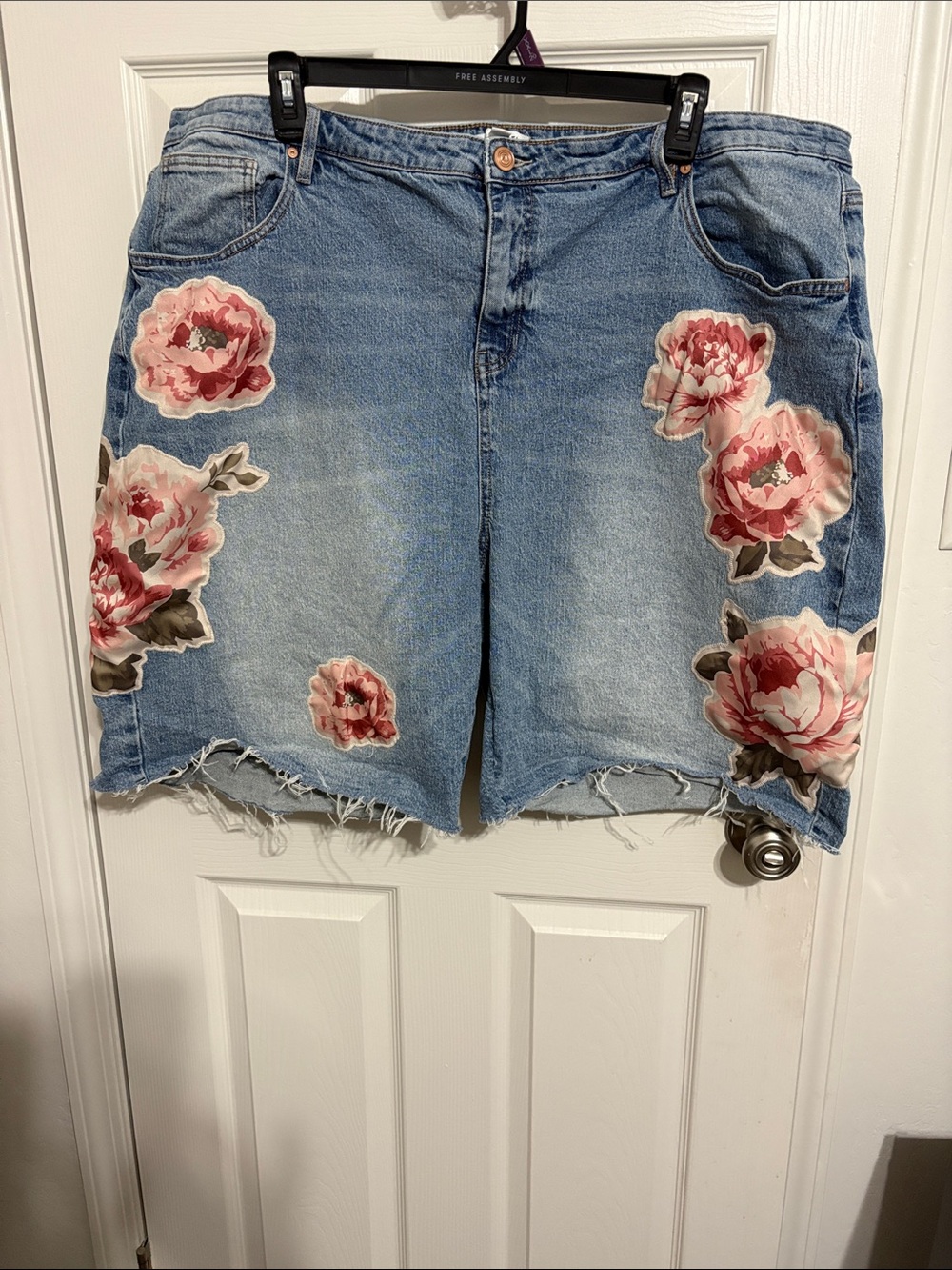 Embroidered Pink Floral Light Blue Denim Jean Shorts